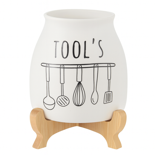 Porcelain Cutlery Holder With Bamboo Stand
