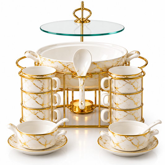 Brilliant Royal Marble Gold Soup Set with Candle Stand – 16 Pcs