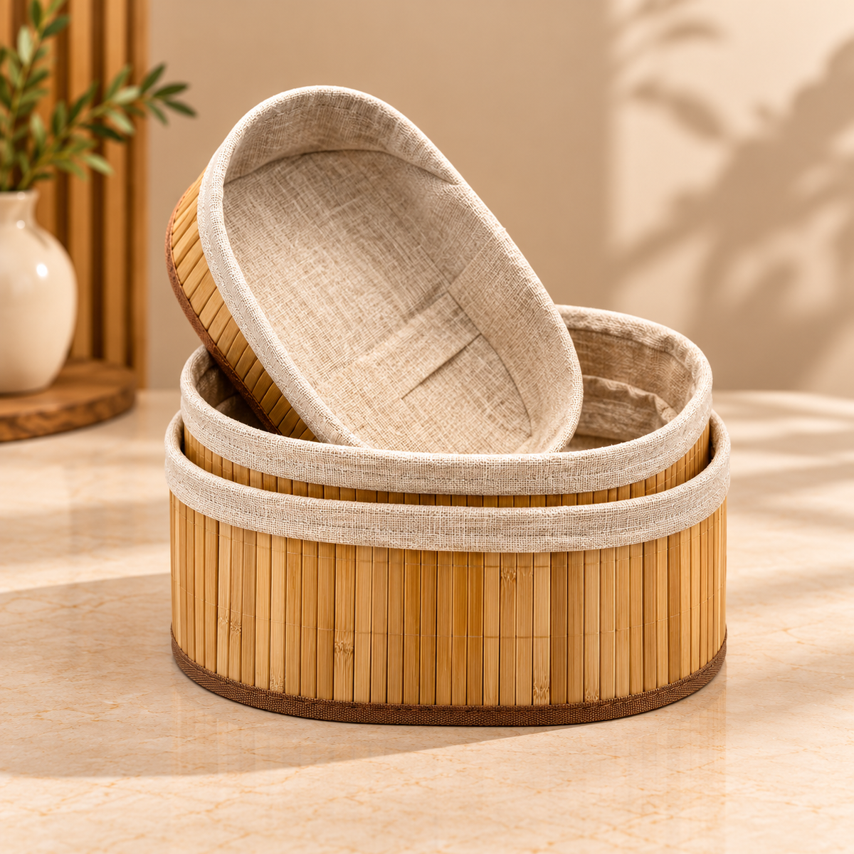 Luxe Bamboo Storage Basket Set – 3 Pcs | Oval
