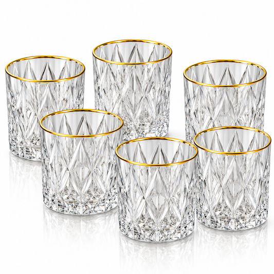 Luxe Gold Rim Diamond Cut Crystal Glass Tumbler Set – 6 Pieces
