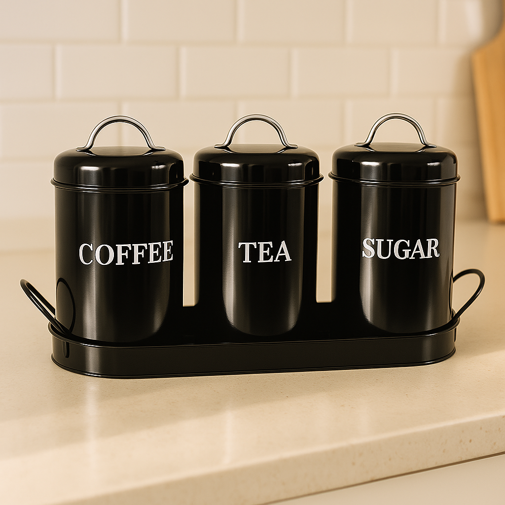 Vintage Retro Metal Jar Set With Tray