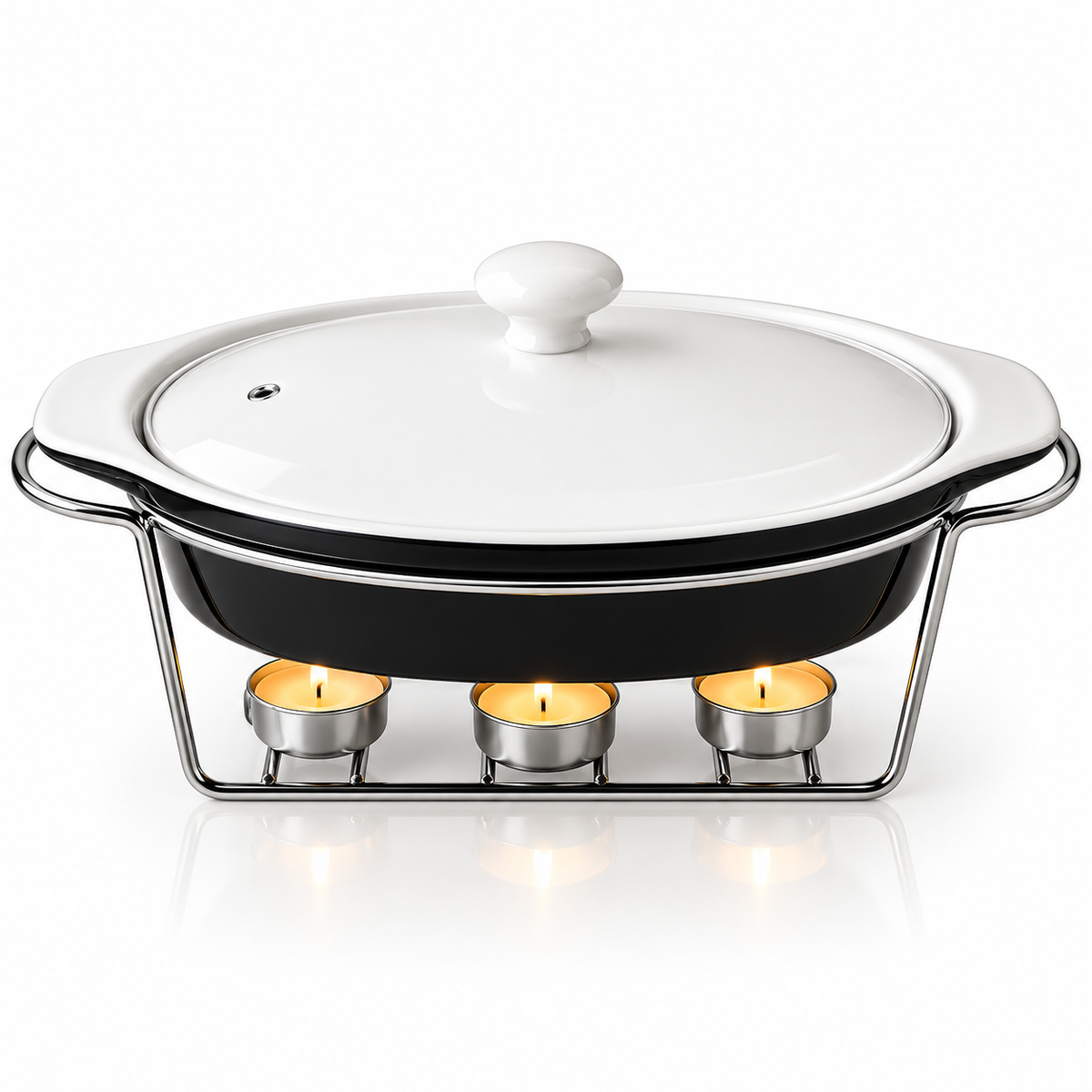 Brilliant 13-Inch Oval Ceramic Chafing Dish with Glass Lid & Metal Candle Stand