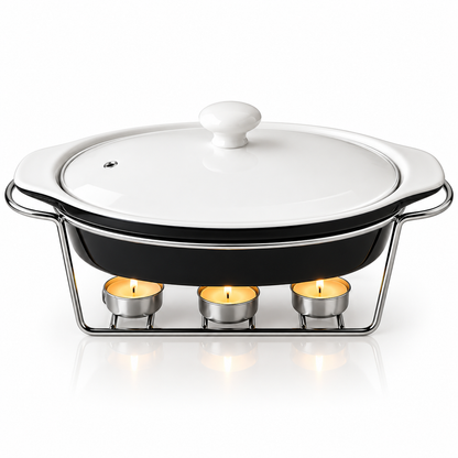 Brilliant 13-Inch Oval Ceramic Chafing Dish with Glass Lid & Metal Candle Stand