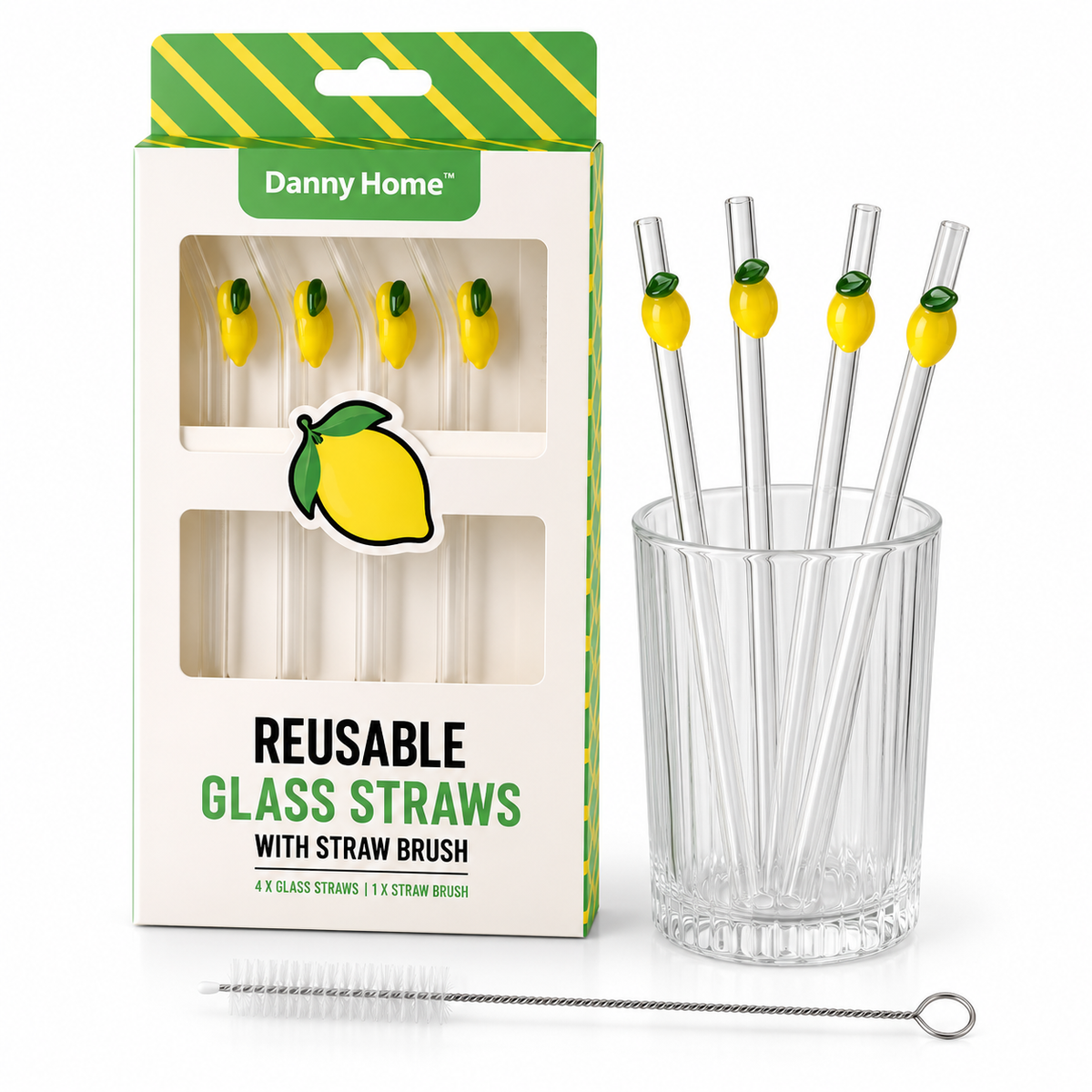 Danny Home 5Pcs Glass Straw Set with Lemon Decoration – 20cm