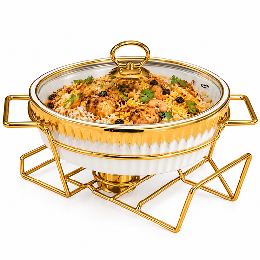 Brilliant Round Casserole with Glass Lid & Gold Stand
