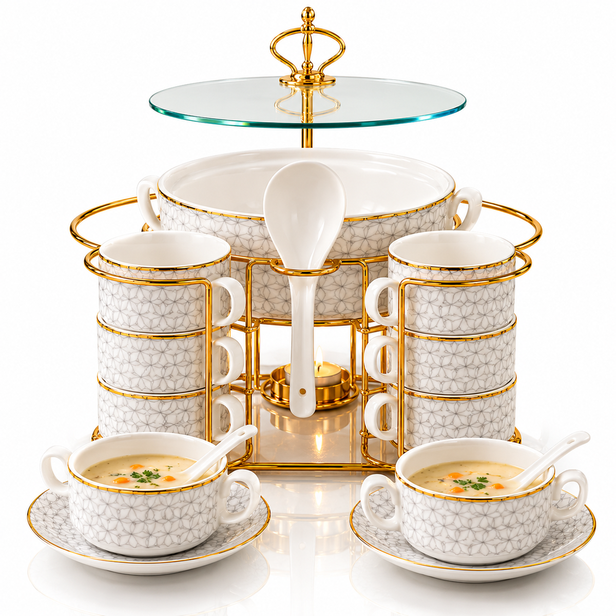 Brilliant Royal Elegance Geometric Soup Set with Candle Stand – 16 Pcs