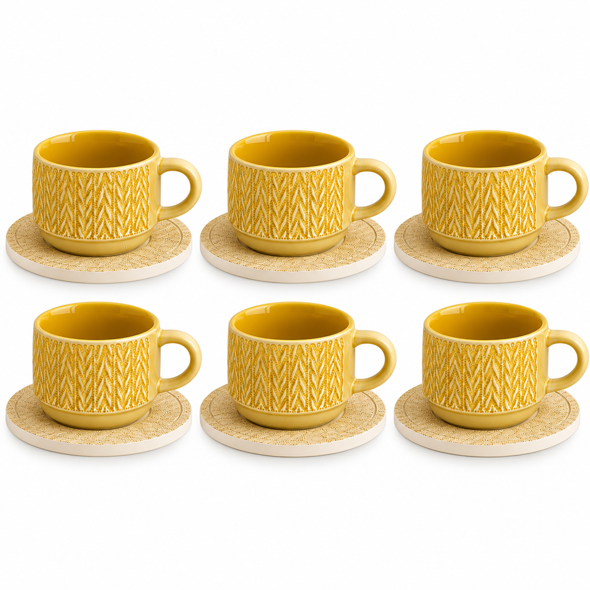 Danny Home Textured Ceramic Cup & Saucer Set – 6 Pcs | Mustard Yellow
