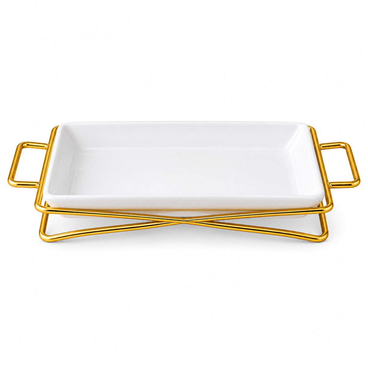 Brilliant 10-Inch Rectangular Ceramic Serving Plate with Gold Metal Stand
