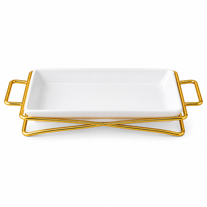 Brilliant 10-Inch Rectangular Ceramic Serving Plate with Gold Metal Stand