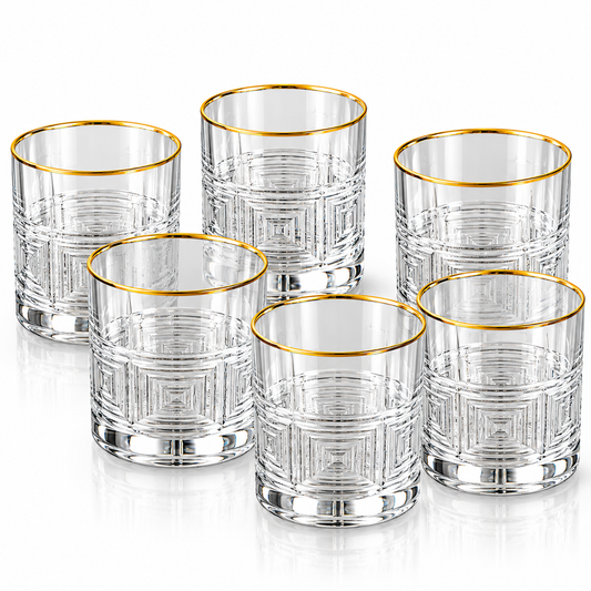 Luxe Gold Rim Greek Key Crystal Glass Tumbler Set – 6 Pieces