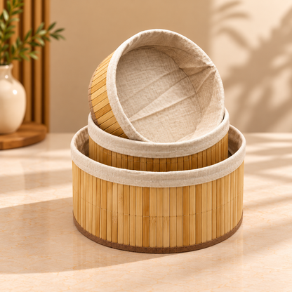 Luxe Bamboo Storage Basket Set – 3 Pcs | Round
