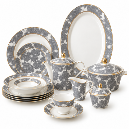 Silver Bloom Elegance Porcelain Dinner Set – 61 Pieces