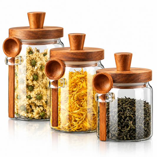 Wooden Knob Glass Jar With Spoon