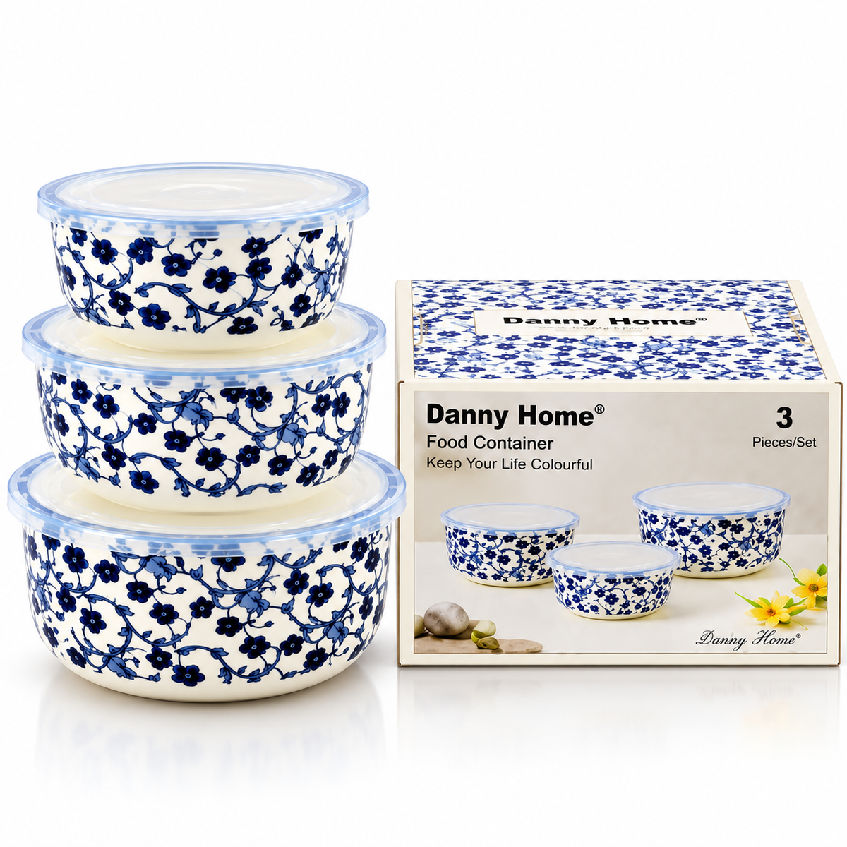 Danny Home Blue Flower 3-Piece Ceramic Food Container Set