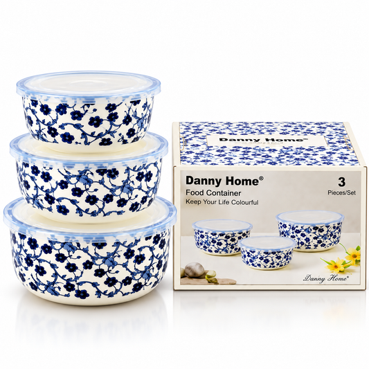 Danny Home Blue Flower 3-Piece Ceramic Food Container Set