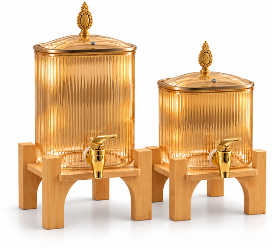 Glass Beverage Dispenser with Wooden Base (Gold)