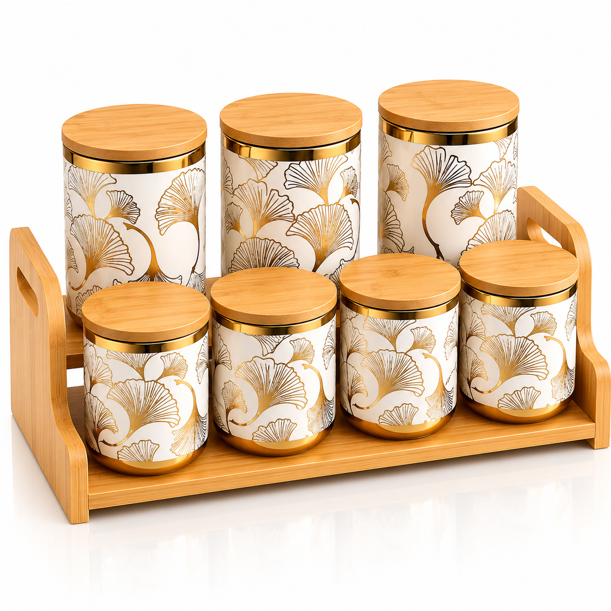 7 Pcs Gold Floral Ceramic Canister Set with Wooden Tray