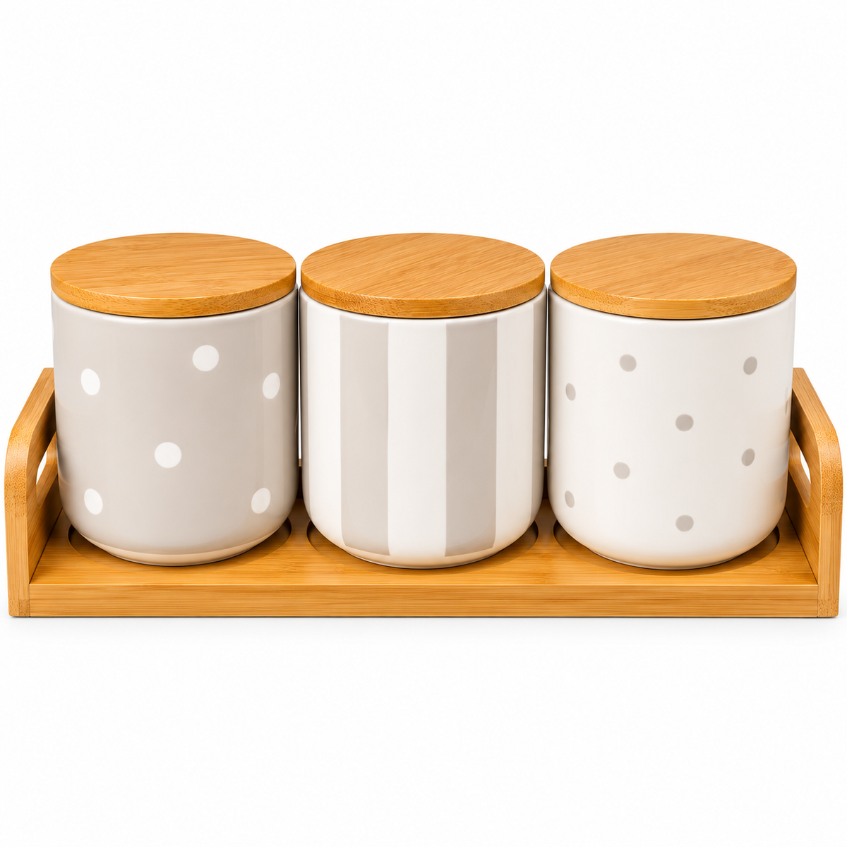 Premium Ceramic Storage Canister Set with Wooden Stand – 3 Pieces