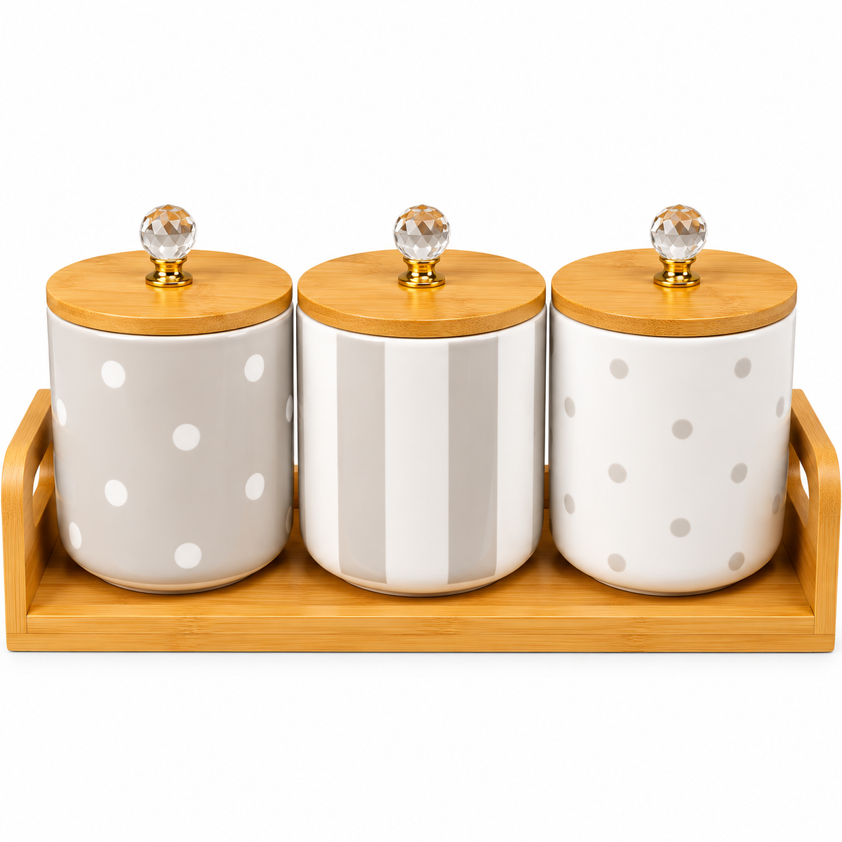 Premium Ceramic Kitchen Storage Canister Set with Bamboo Stand & Crystal Lid Knobs (3 Pieces)