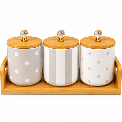 Premium Ceramic Kitchen Storage Canister Set with Bamboo Stand & Crystal Lid Knobs (3 Pieces)