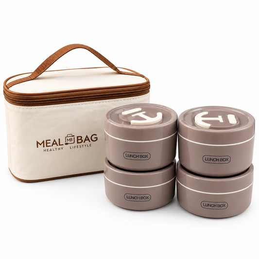 Premium 4 Pcs Round Stackable Lunch Box Set with Insulated Carry Bag – Taupe Brown