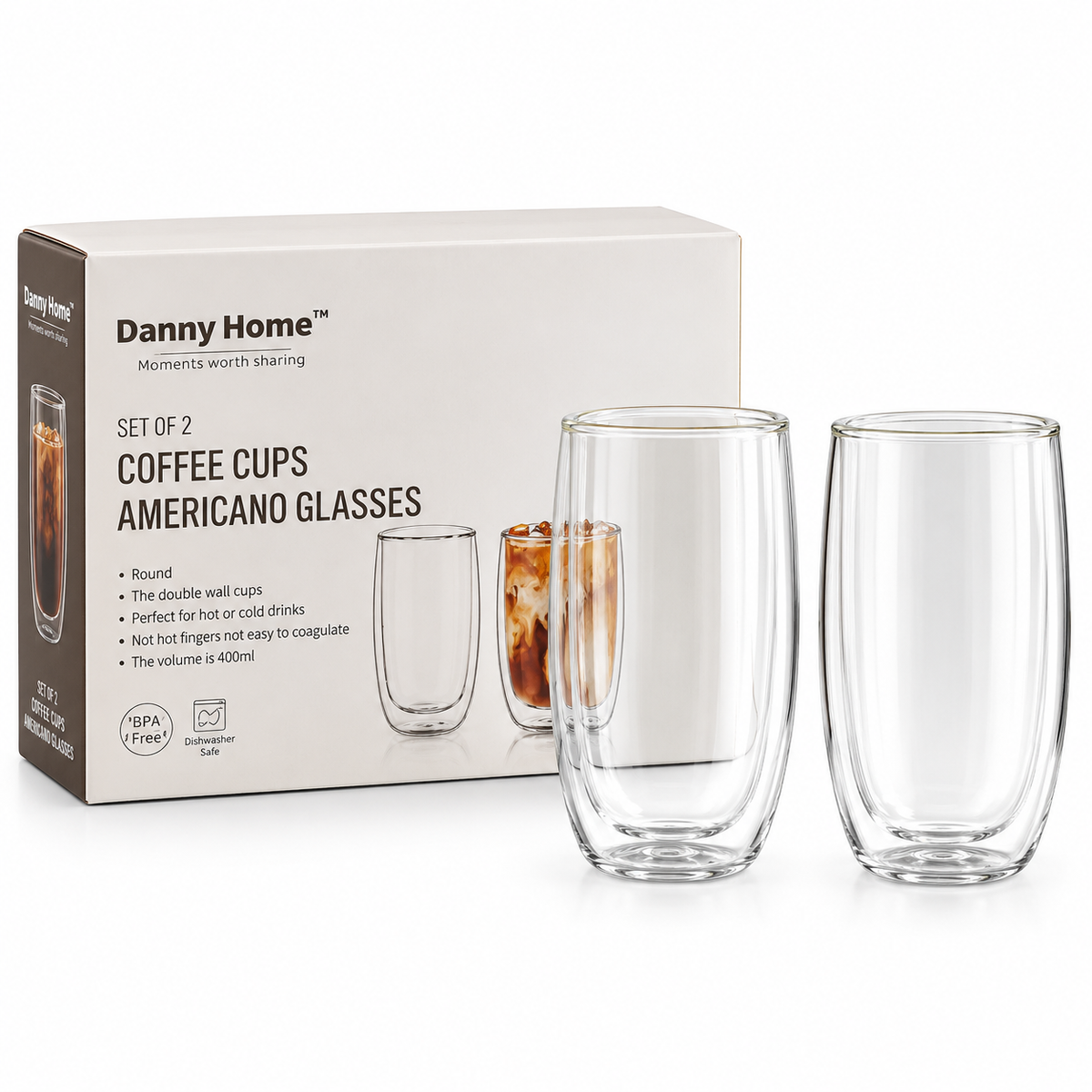 Danny Home Double Walled Americano Glasses 400ml - 2Pcs Set