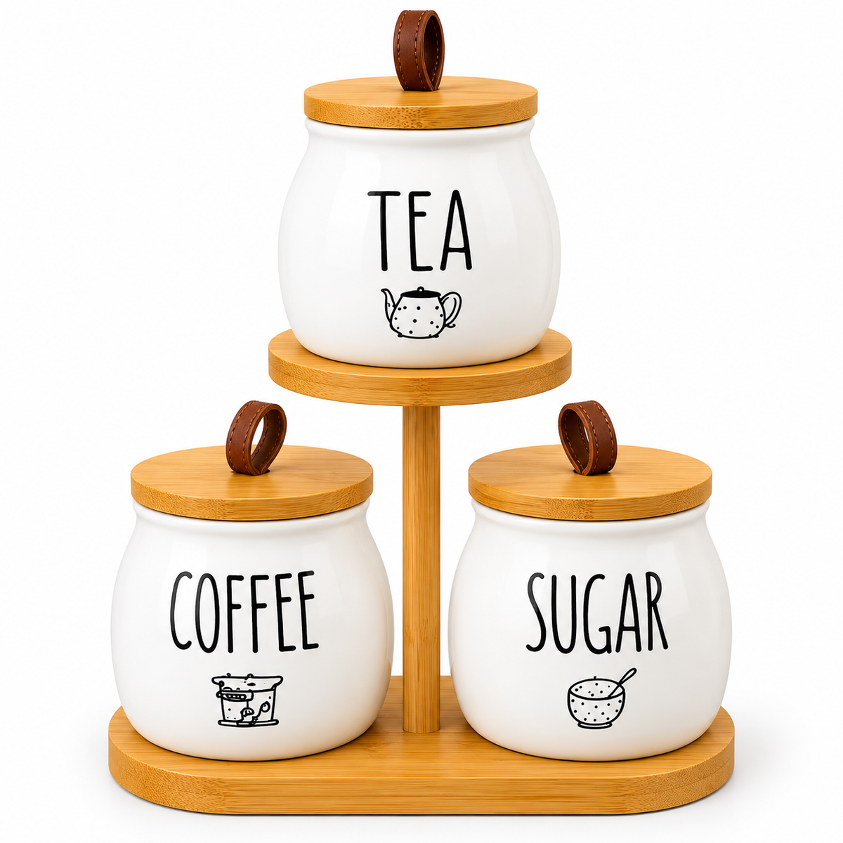 Premium 3-Piece Ceramic Tea, Coffee & Sugar Canister Set with Bamboo Stand