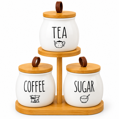 Premium 3-Piece Ceramic Tea, Coffee & Sugar Canister Set with Bamboo Stand