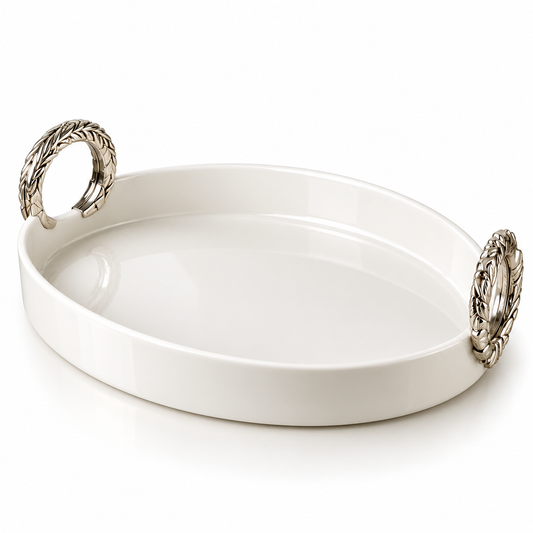 Brilliant Silver Grace 12.5" Oval Ceramic Plate with Ceramic Handles