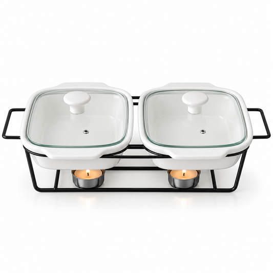 Brilliant 12-Inch Dual Oval Ceramic Chafing Dish Set with Metal Candle Stand