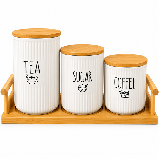 Premium Ceramic Tea, Sugar & Coffee Canister Set with Wooden Stand – 3 Pieces