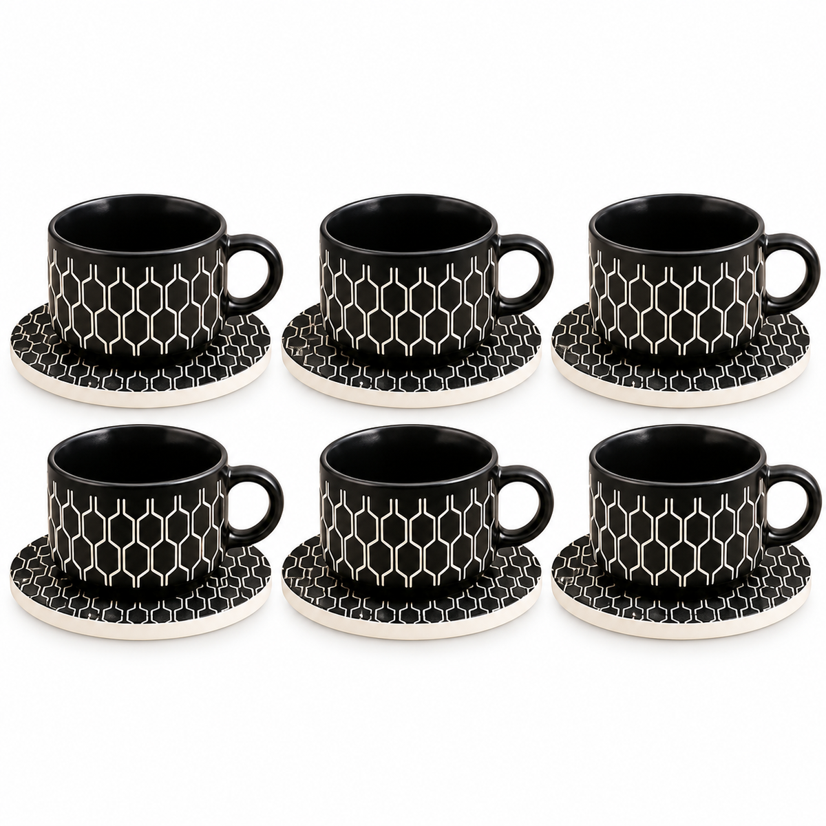 Danny Home Contemporary Ceramic Cup & Saucer Set – 6 Pcs | Black Geometric