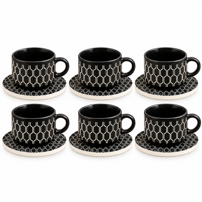 Danny Home Contemporary Ceramic Cup & Saucer Set – 6 Pcs | Black Geometric