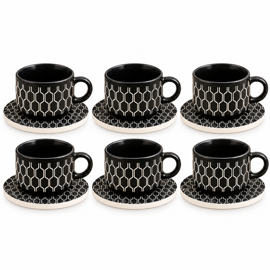 Danny Home Contemporary Ceramic Cup & Saucer Set – 6 Pcs | Black Geometric