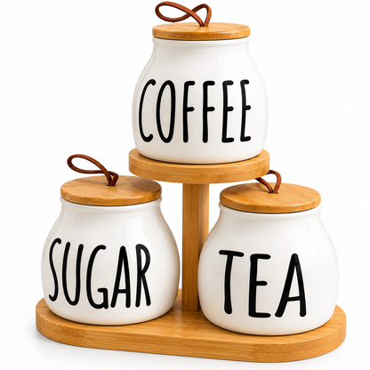 3-Piece Ceramic Storage Jar Set with Bamboo Stand