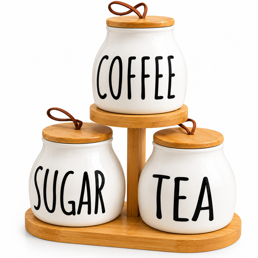 3-Piece Ceramic Storage Jar Set with Bamboo Stand