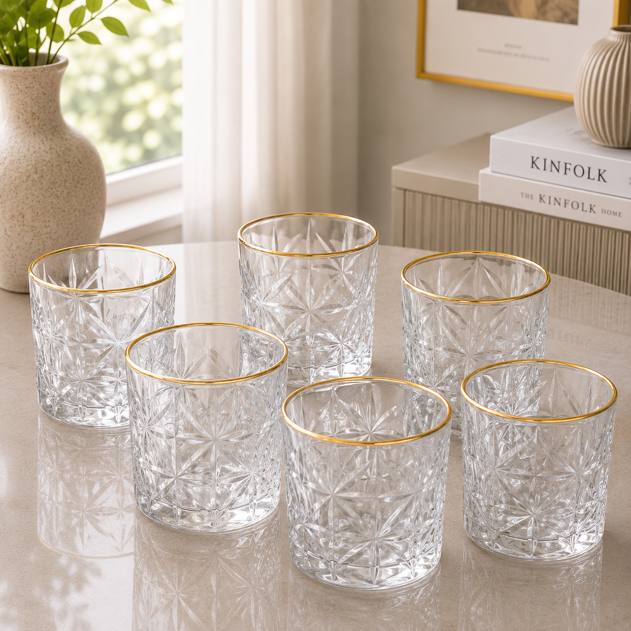 Luxe Gold Rim Starburst Crystal Glass Tumbler Set – 6 Pieces