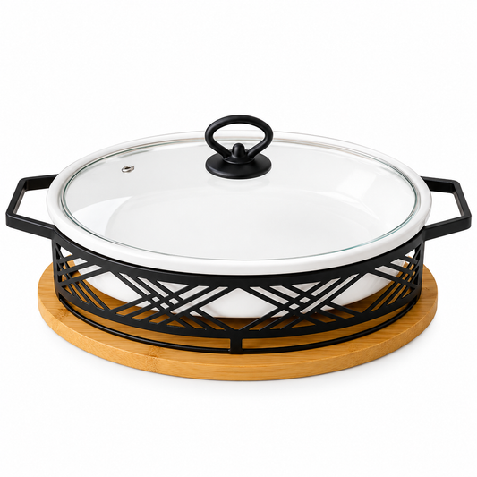 Brilliant 12-Inch Oval Ceramic Chafing Dish with Designer Metal Stand & Wooden Base