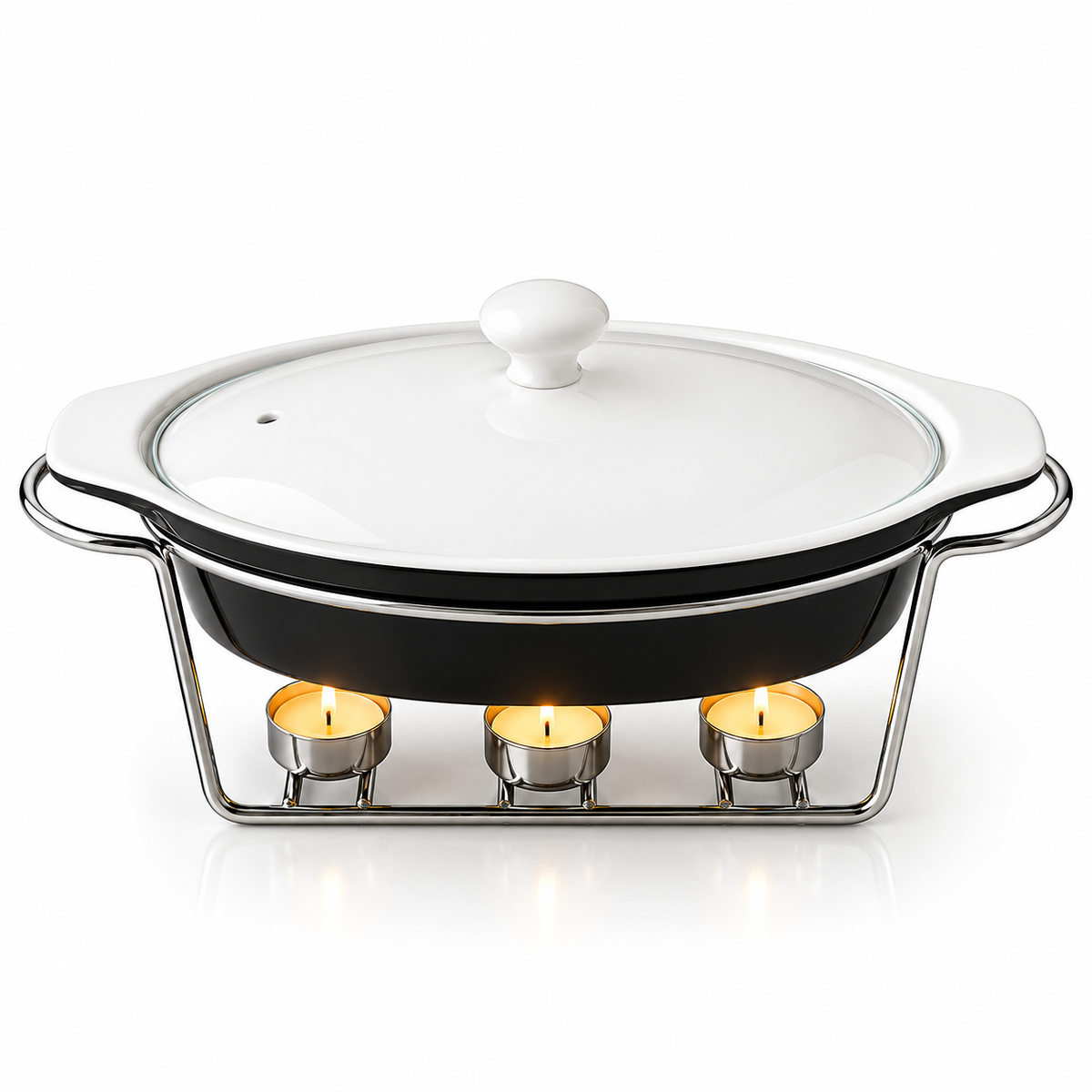 Brilliant 11-Inch Oval Ceramic Chafing Dish with Glass Lid & Metal Candle Stand