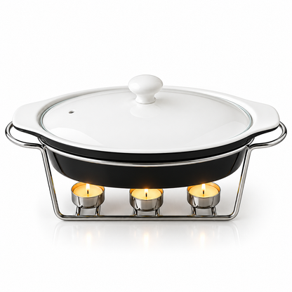 Brilliant 11-Inch Oval Ceramic Chafing Dish with Glass Lid & Metal Candle Stand