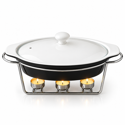 Brilliant 11-Inch Oval Ceramic Chafing Dish with Glass Lid & Metal Candle Stand