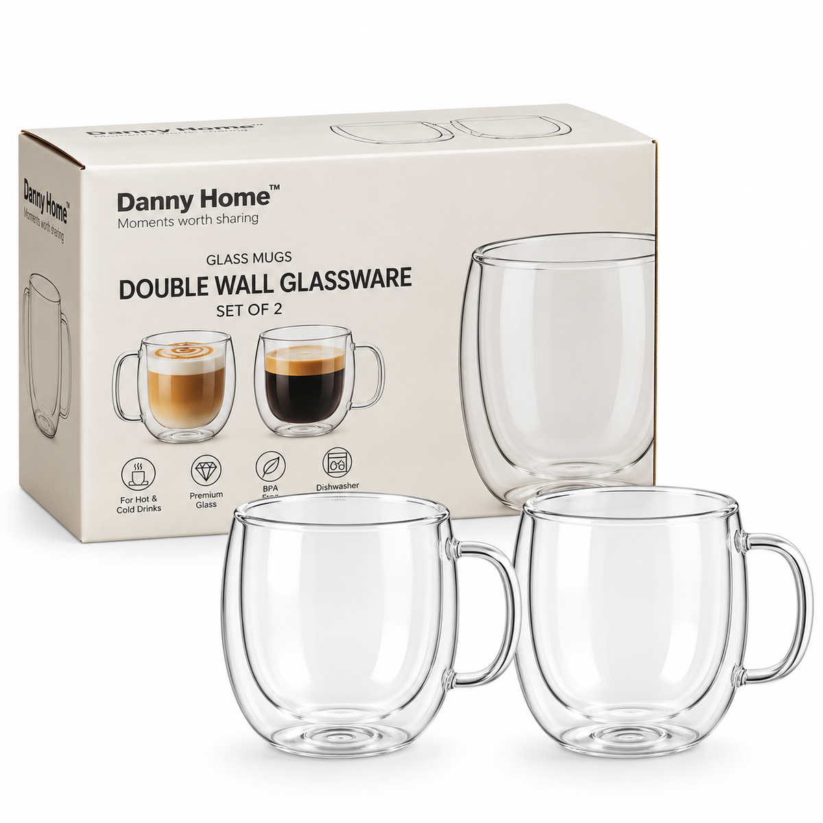 Danny Home Double Walled Glass Mug with Handle 250ml - 2Pcs Set