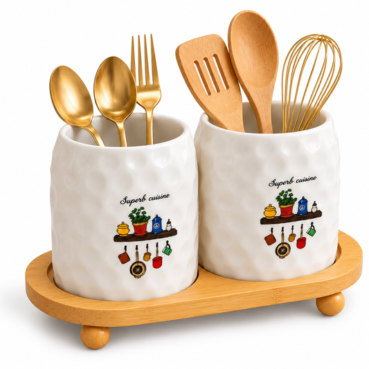 Ceramic Dual Utensil Holder with Bamboo Tray