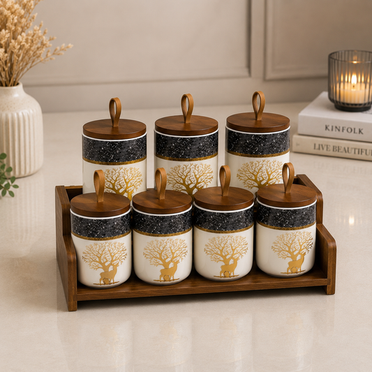 7 Pcs Golden Deer Ceramic Canister Set with Wooden Tray