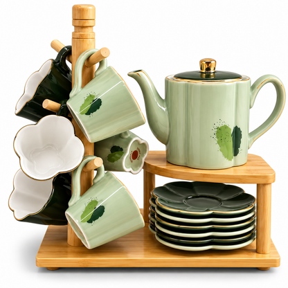 Premium Tea Serving Set with 6 Cups & Wooden Stand