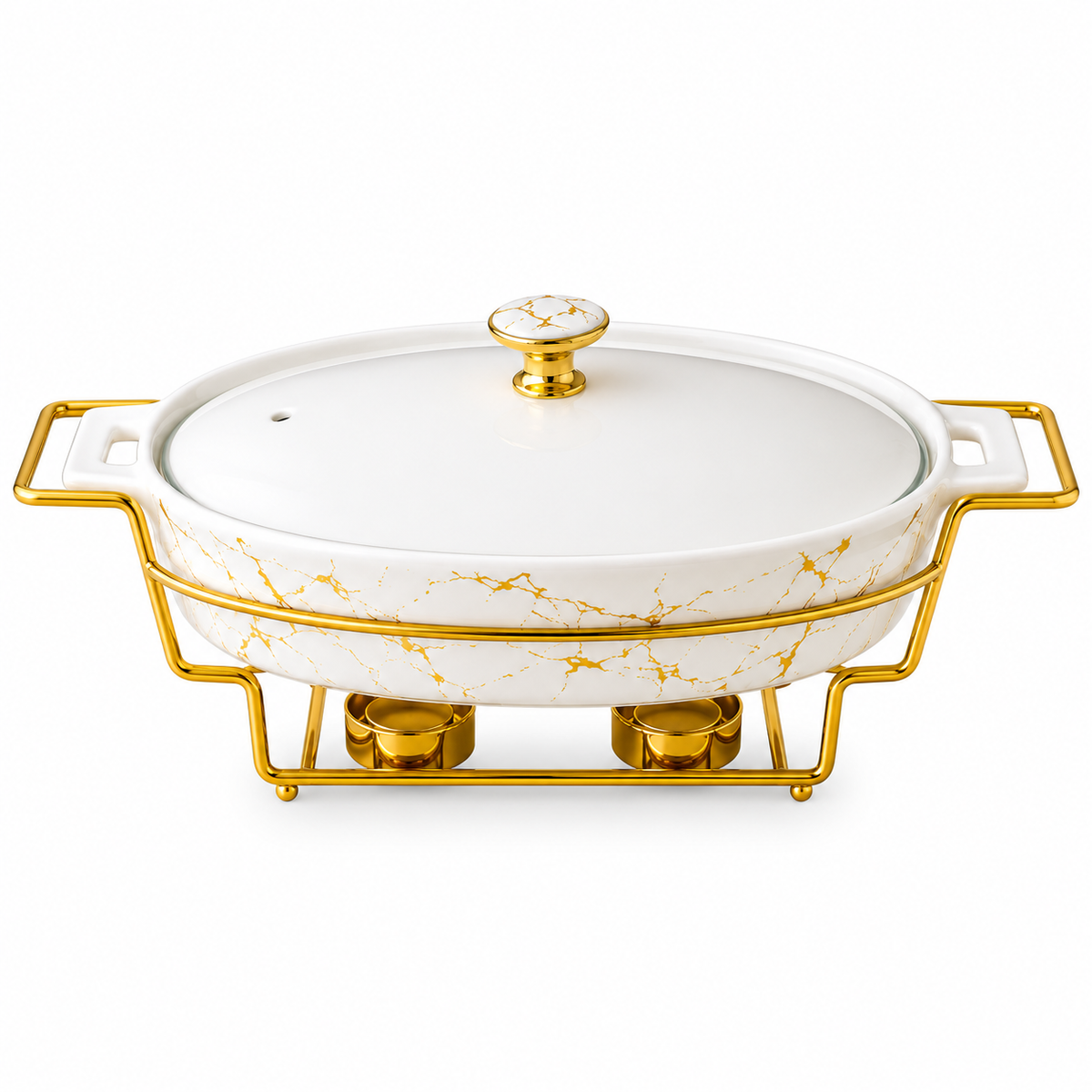 Brilliant Marble Royale 14.5" Oval Ceramic Casserole with Metal Candle Stand