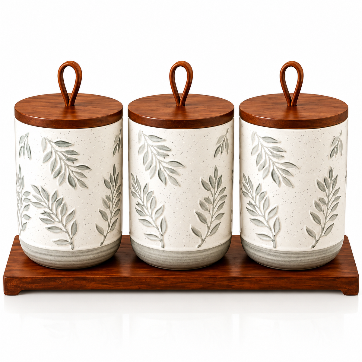3 Pcs Botanical Ceramic Canister Set with Wooden Tray