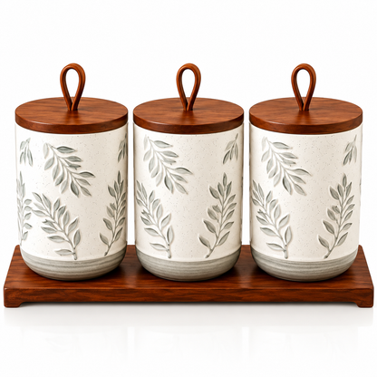 3 Pcs Botanical Ceramic Canister Set with Wooden Tray