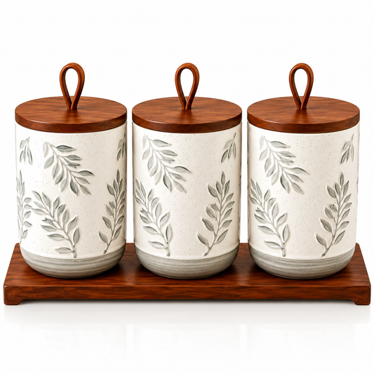 3 Pcs Botanical Ceramic Canister Set with Wooden Tray