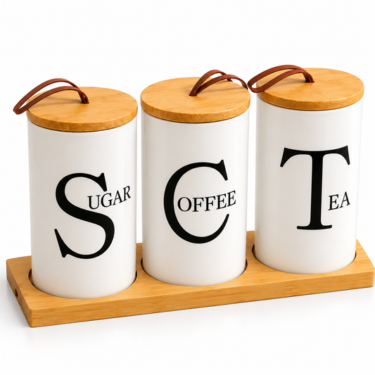 Ceramic Tea, Coffee & Sugar Canister Set with Bamboo Stand – 3 Pieces
